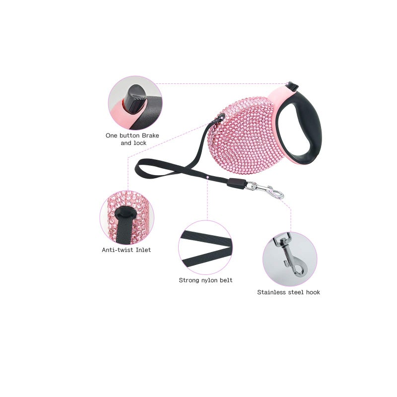 Triumilynn Pink Rhinestone Retractable Dog Leash Bling 10ft, Sparkle Sparkling Pet Cat Leash for Small Breed, Bling Crystal Small Dog Leash Cute, Girl Dog Lead Waste Bags Dispenser Included, 360Â° Tangle-Free - Image 2